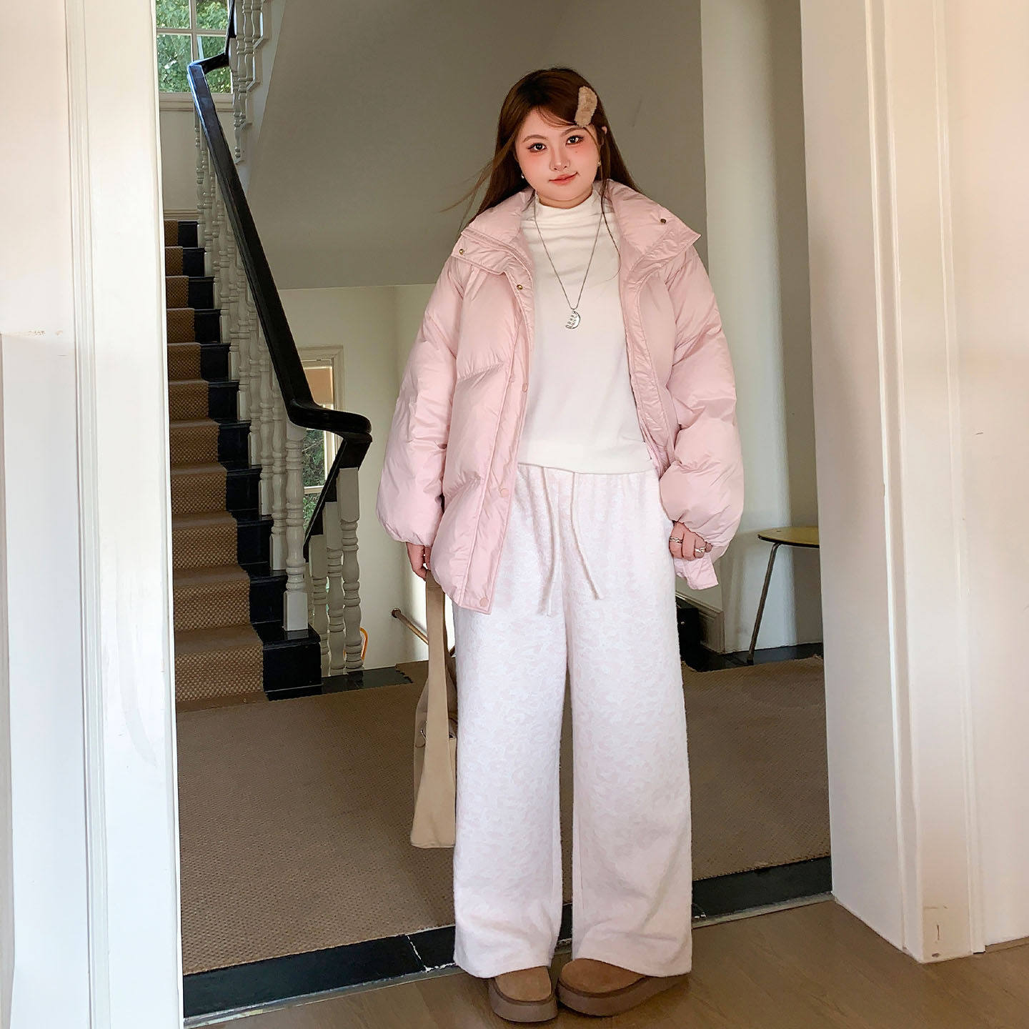 YUZI鱼子韩系浅粉色豹纹阔腿裤女中高腰薄绒通勤宽松显瘦大码女装,女装/女士精品,大码裤装,淘宝优惠券,粉丝福利购,淘宝优惠卷