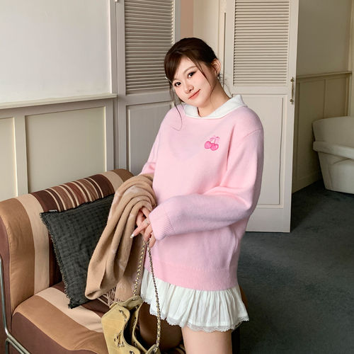 YUZI鱼子韩系甜美樱桃刺绣针织衫