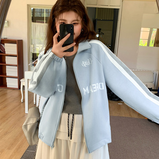 YUZI鱼子鹿皮绒外套大码 浅蓝色拉链减龄甜美复古运动秋冬胖mm 女装