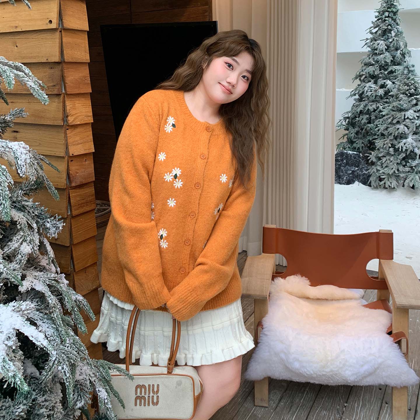 YUZI鱼子雏菊刺绣针织开衫大码女