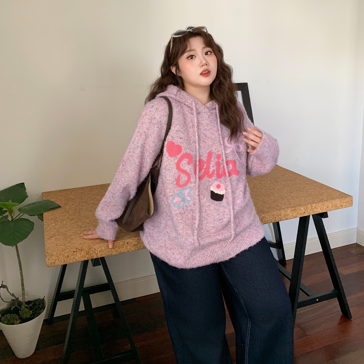 YUZI鱼子花纱毛衣大码女装粉色