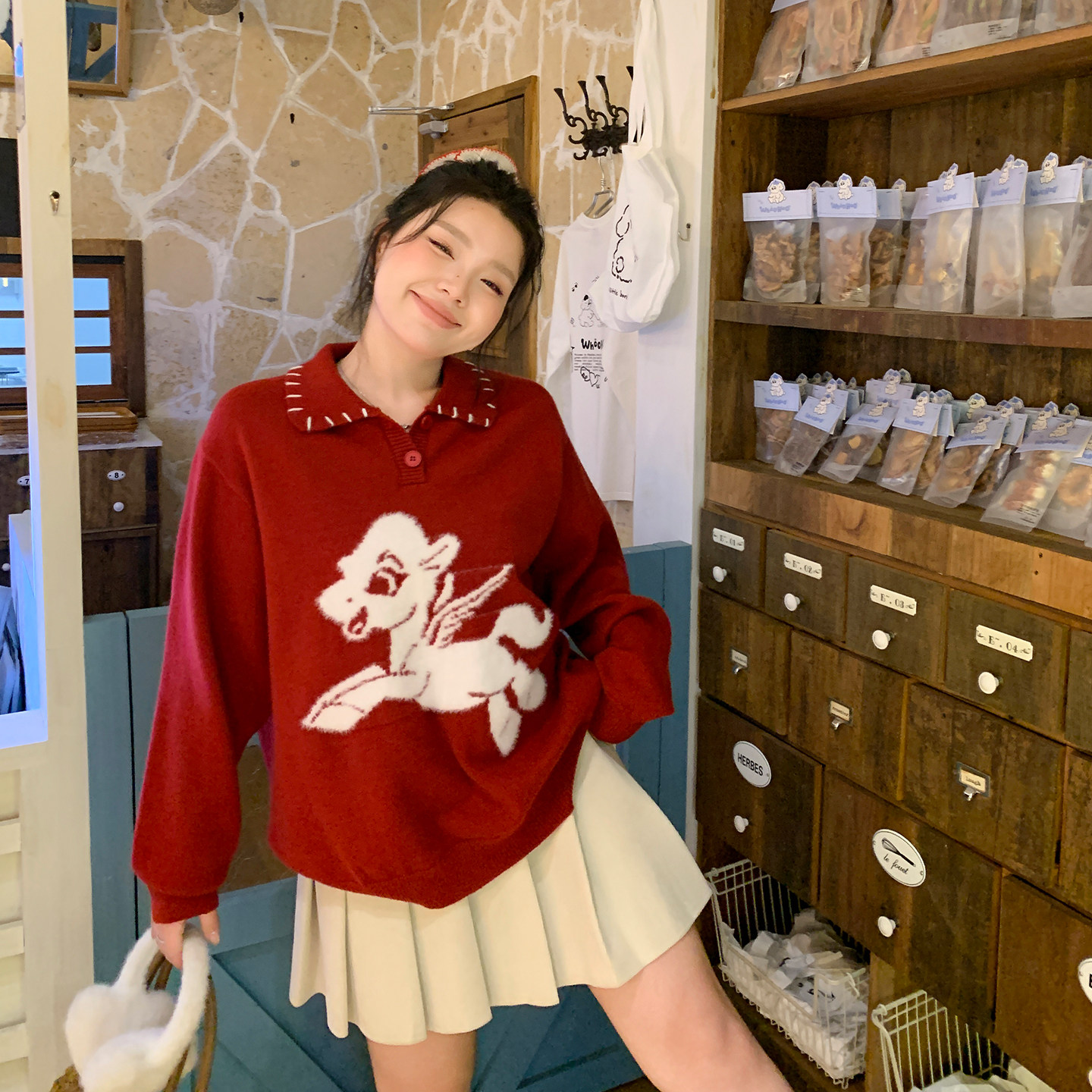 YUZI新年圣诞红色毛衣飞马刺绣提花宽松慵懒甜美减龄上衣大码女装,女装/女士精品,大码内搭,淘宝优惠券,粉丝福利购,淘宝优惠卷