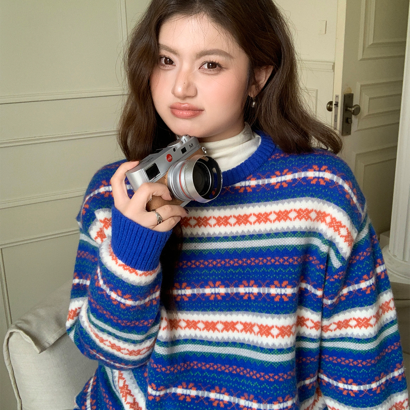 YUZI鱼子提花针织衫女圣诞色复古