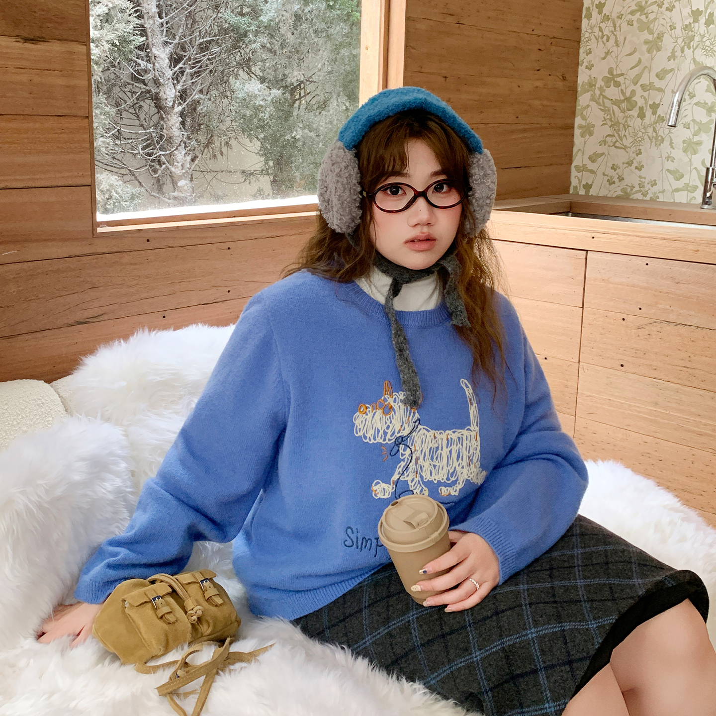 YUZI鱼子小狗刺绣针织衫毛衣大码