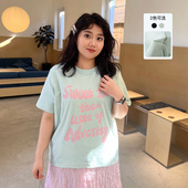 夏季 YUZI鱼子甜酷撞色字母T恤大码 女装 微胖mm显瘦遮肉减龄显白