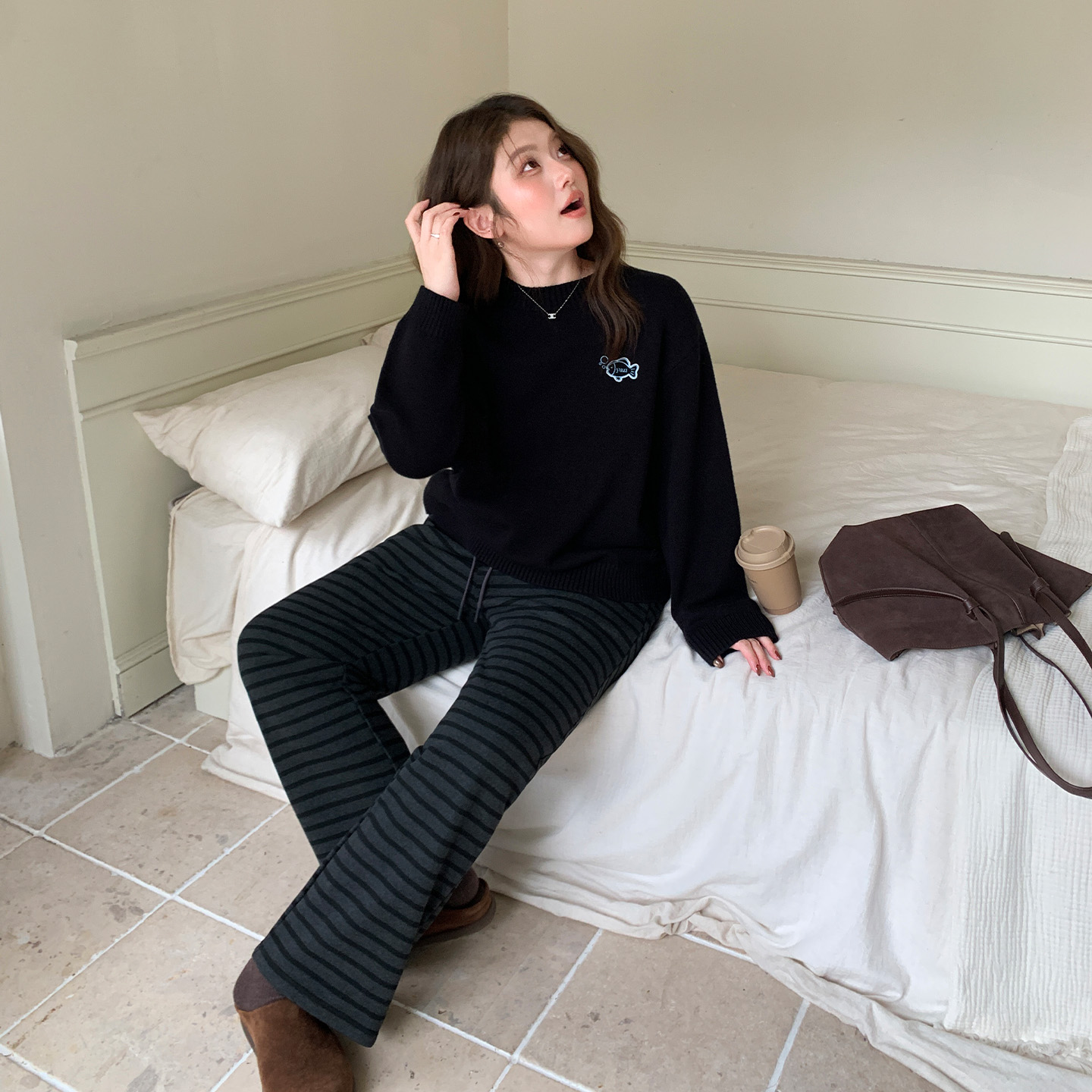 YUZI加绒加厚阔腿裤条纹超显瘦