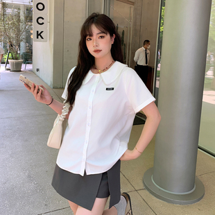 夏微胖mm显瘦清新校园 YUZI鱼子双层娃娃领刺绣衬衫 短袖 大码 女装
