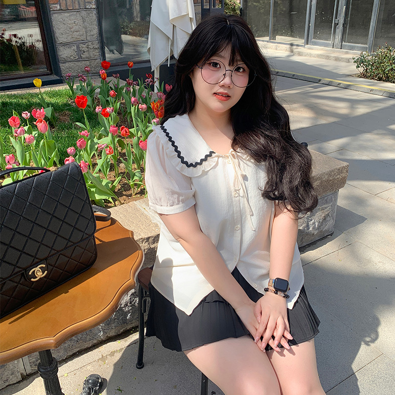 YUZI鱼子娃娃领衬衫绑带大码女