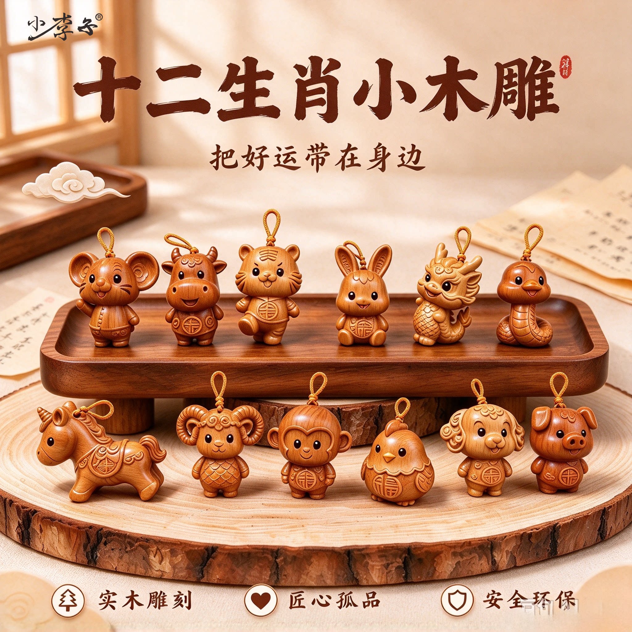 十二生肖实木卡通雕刻挂件本命年鼠牛虎兔龙蛇马羊钥匙扣生肖系列