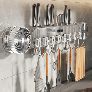 厨房吸盘挂钩一排免打孔多功能滑轨锅铲勺子刀架挂杆壁挂式置物架