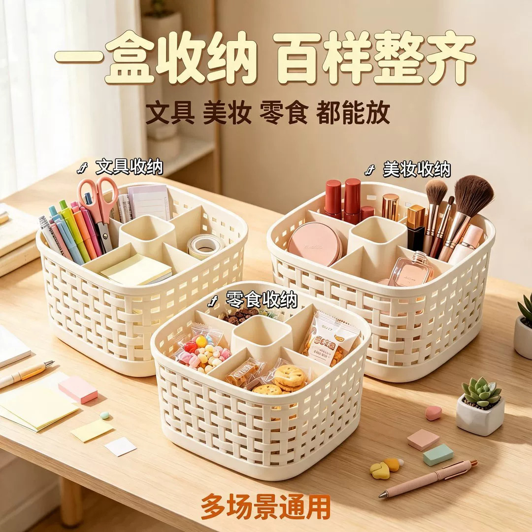 分格收纳盒整理盒藤编桌面收纳盒家用大容量文具零食化妆品收纳盒