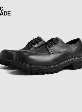 TCMADExOD/DARKNESS联名Vibram厚底水洗做旧马皮德比鞋圆头方皮鞋