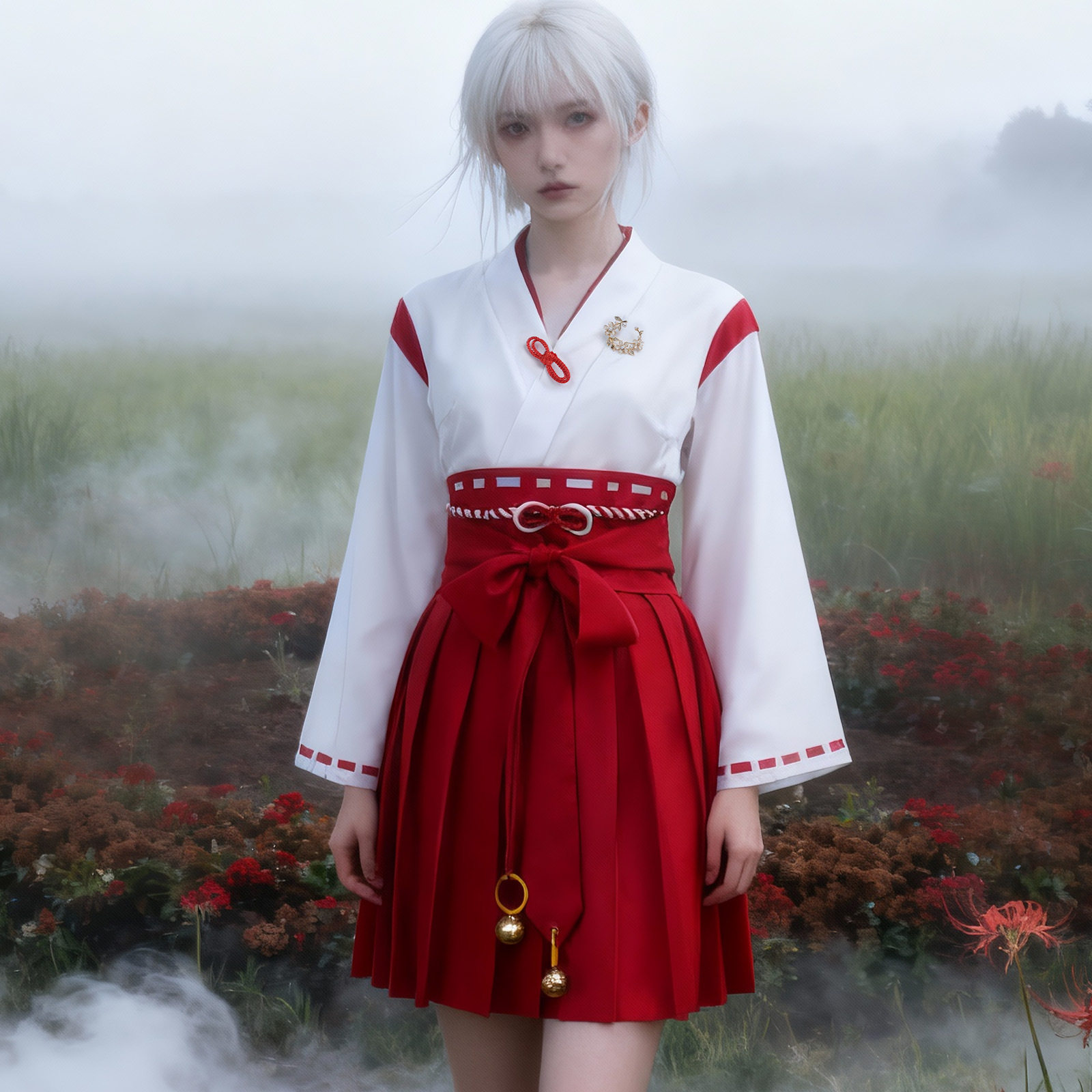 寂静岭红白和风cos服襦裙万圣节cosplay套装大红蝴蝶结腰带配饰