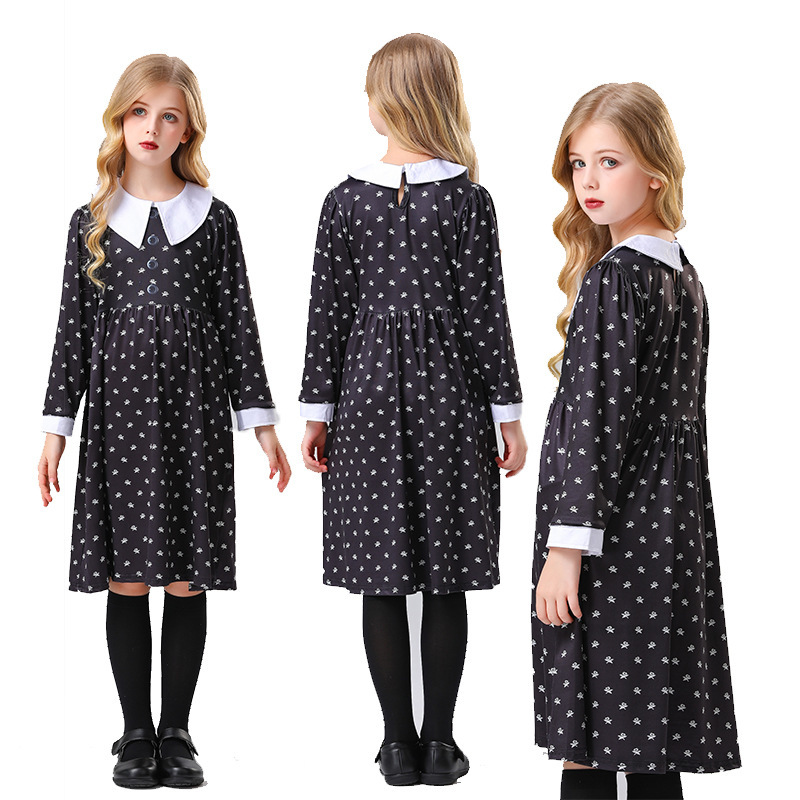 欧美外贸女童裙亚当斯一家Wednesday印花连衣裙星期三cos服小纱裙