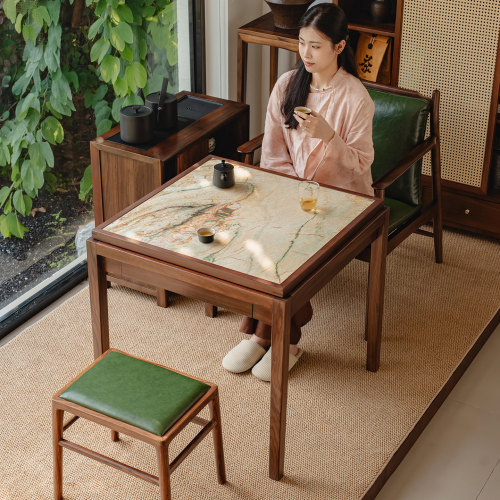 小户型方形实木榫卯推拉茶桌