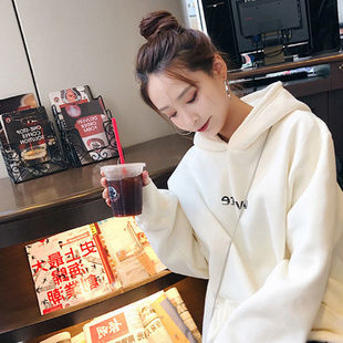 白色连帽运动衫女秋冬新款设计感宽松bf风中长版韩版加绒卫衣外套