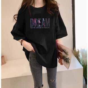 ins短袖t恤女宽松夏季韩版胖MM中长版纯棉印花大bf风黑色半袖上衣