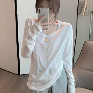 大领口白色纯棉长袖t恤女2025新款韩版宽松春秋冬低领内搭打底衫