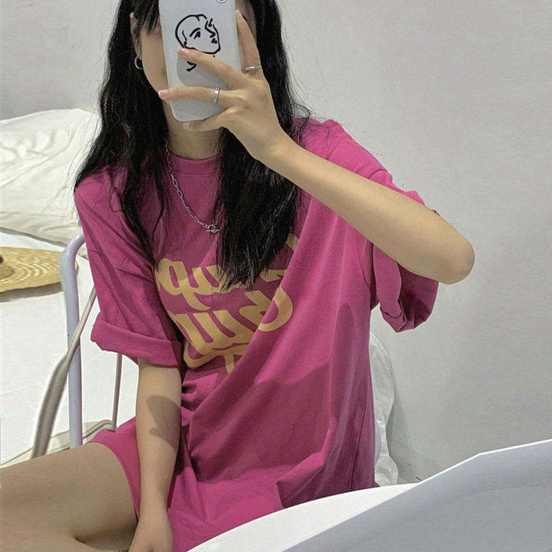 玫紫色短袖t恤女2025新款夏季宽松中长版下装消失大版遮屁股上衣