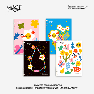 PECPECWELL六爪便携活页本蓝白花花可拆卸活页笔记本卡通花朵笔记本可爱活页记事本学生文具横线格纹内页