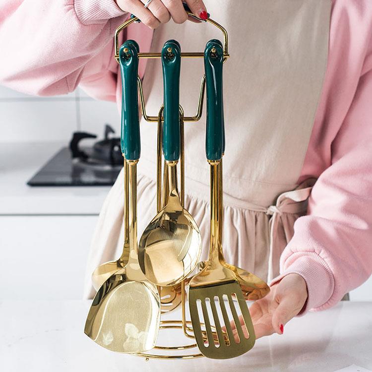 跨境墨绿色陶瓷不锈钢厨具套装厨房用具烹饪勺铲套件厨具礼品套装
