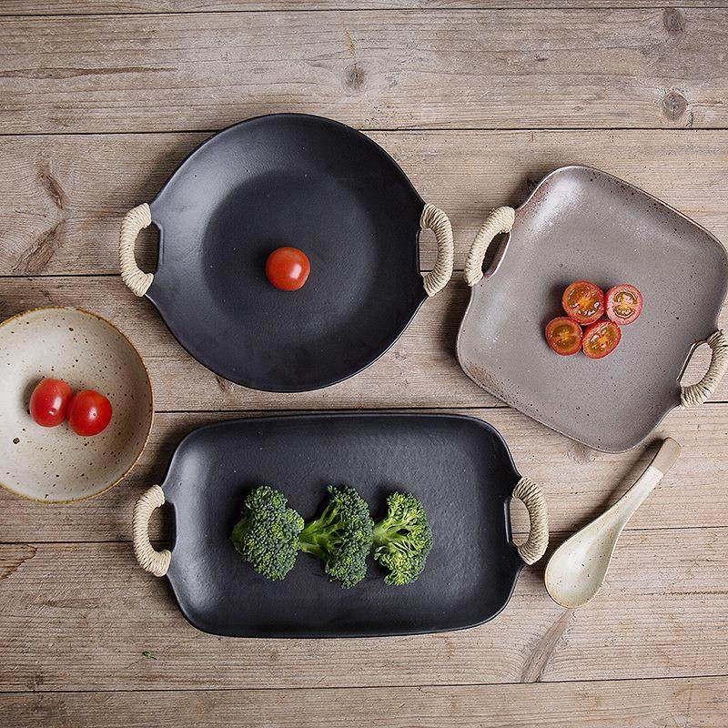 日式陶泥瓷麻绳盘子家用菜盘双耳长方四方圆型盘鱼盘水果盘寿司盘,餐饮具,盘,淘宝优惠券,粉丝福利购,淘宝优惠卷