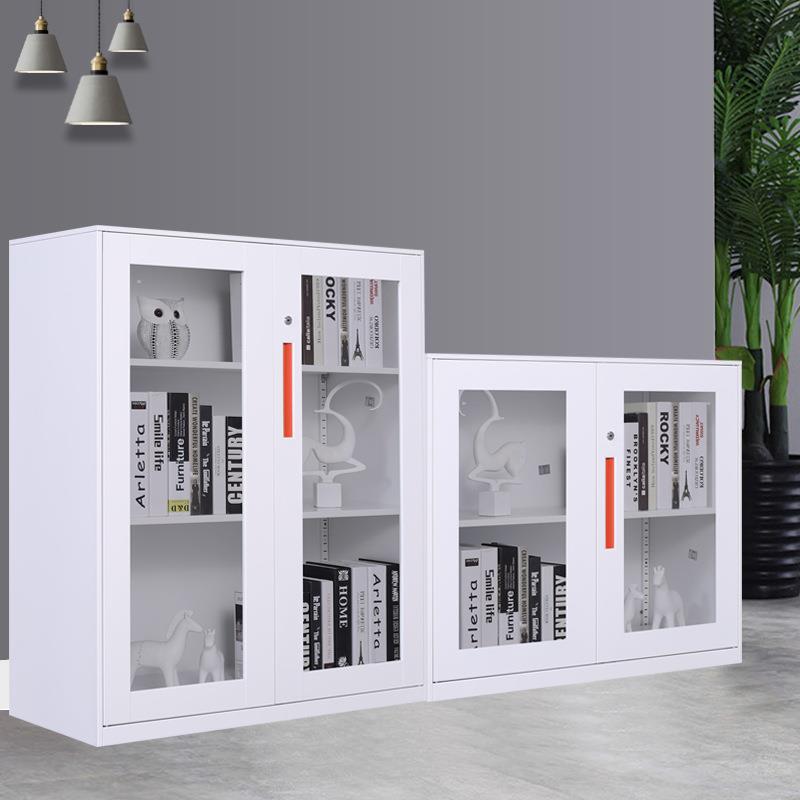 办公文件柜纯白矮柜玻璃门带锁资料柜套色薄边员工档案凭证储物柜