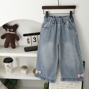 宝宝百搭休闲裤 儿童洋气蝴蝶结花边阔腿裤 子做旧 春秋装 女童牛仔裤