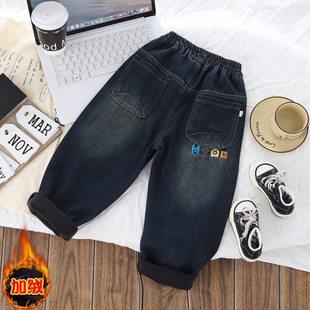 儿童加绒牛仔裤秋冬保暖宽松休闲裤卡通刺绣男宝宝深色水洗软长裤