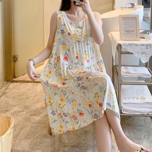 夏季 人造棉宽松舒适中裙 连衣裙印花睡裙女凉感家居服无袖 棉绸大码