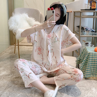 棉绸睡衣女士短袖 绵绸套装 春秋款 薄款 人造棉夏季 宽松家居服大码