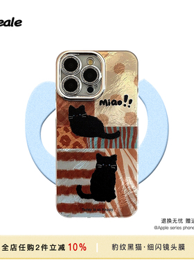 黑猫豹纹卡通彩绘苹果15pro手机壳冰川纹16Pro Max硬壳女带镜头膜细闪小众13手机保护套iPhone17新款全包防摔