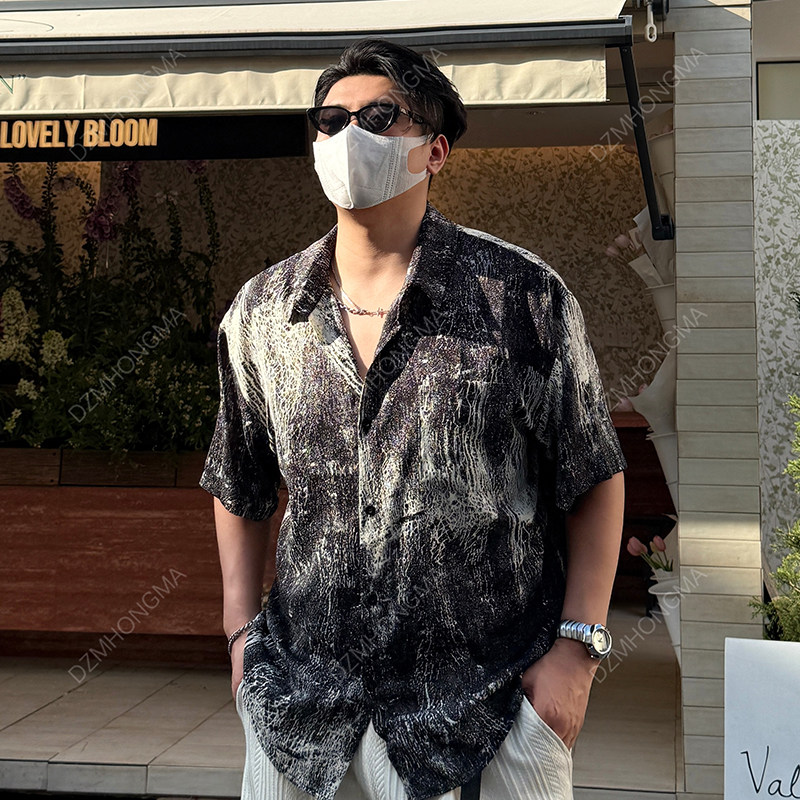 【大重码】夏季冰丝感痞帅大码复古薄款宽松潮流港风上衣休闲衬衫 - 实物图