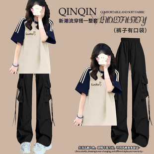 黑色工装裤夏季套装女装初高中学生衣服时尚炸街少女大童韩系搭配