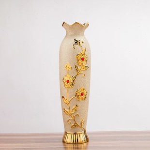 高档60cm 花瓶摆件大号客厅电视柜玄关金色插 欧式 落地陶瓷大花瓶