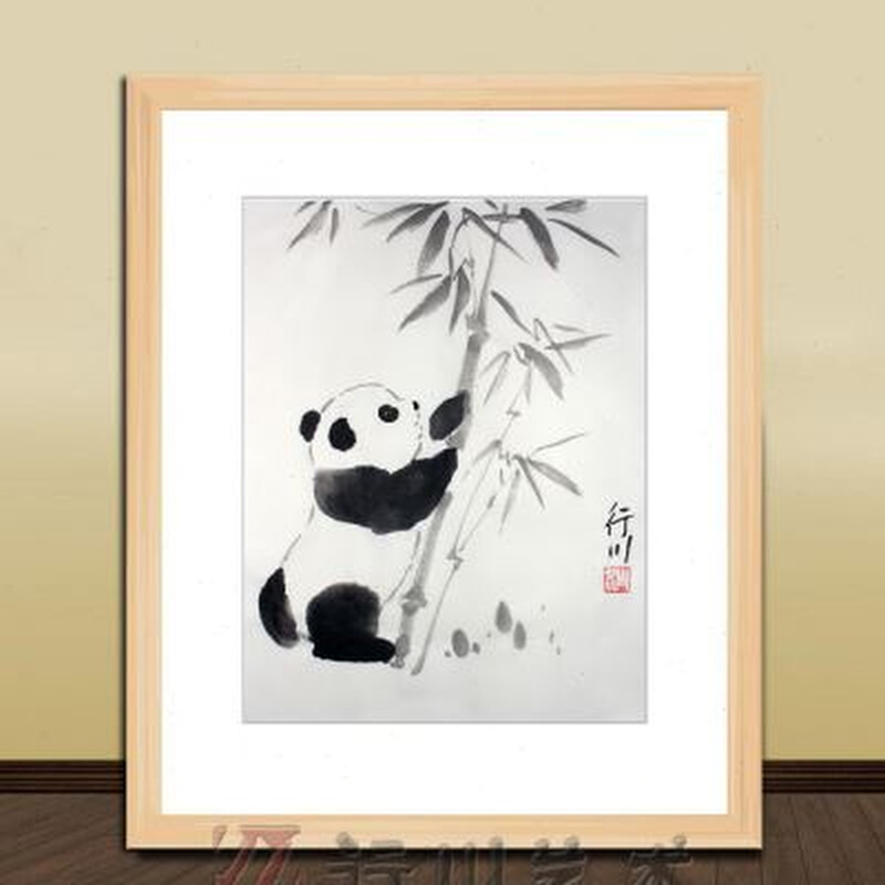 手绘国宝熊猫竹子中国画水墨动物条幅斗方家居装饰风景画行川艺术