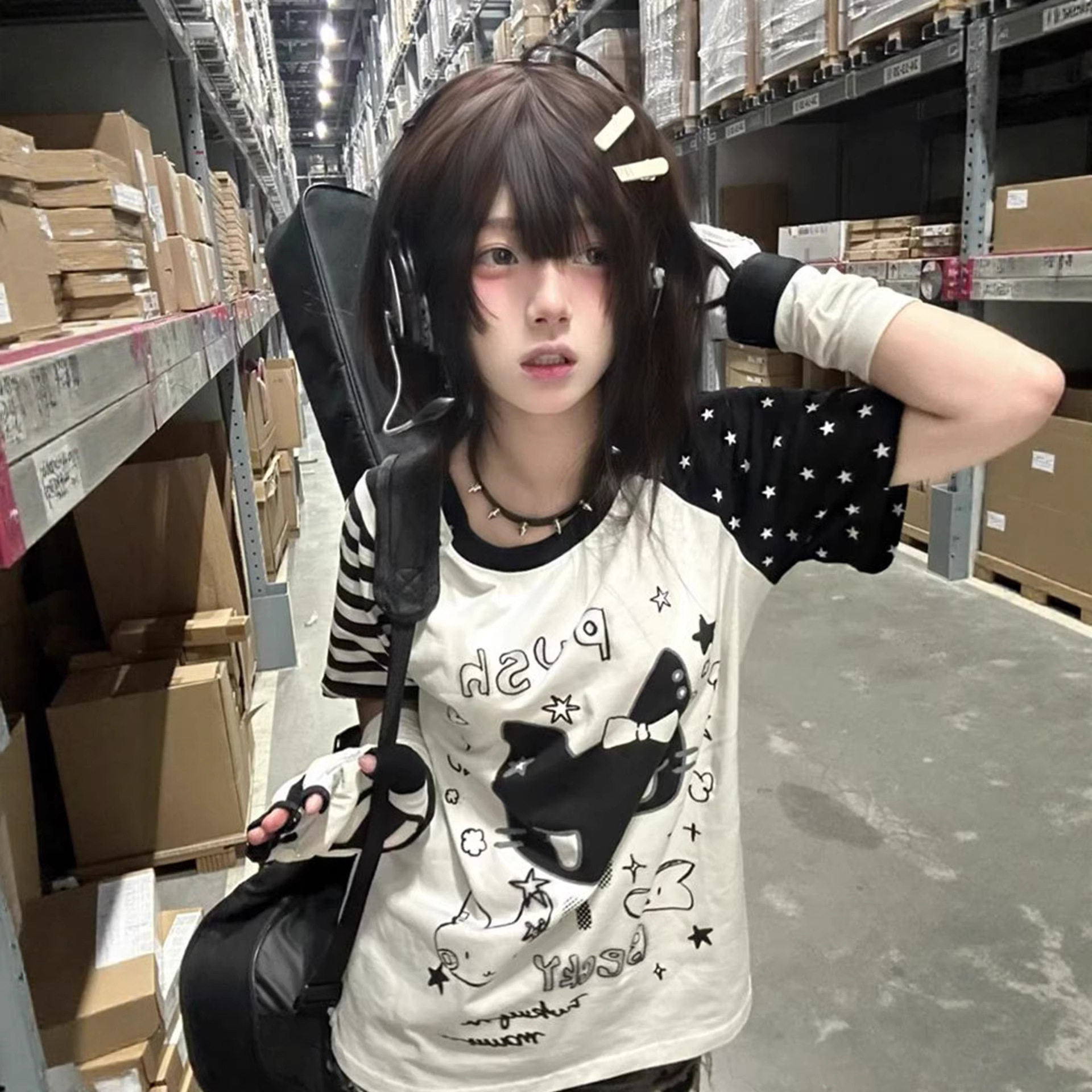 原宿风猫咪印花短袖t恤女宽松条纹星星不同袖设计上衣宅系t暗黑系
