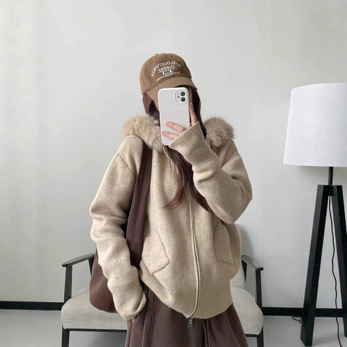 宽松连帽针织开衫毛衣大毛领外套女秋冬可拆卸慵懒风韩系外搭衣服