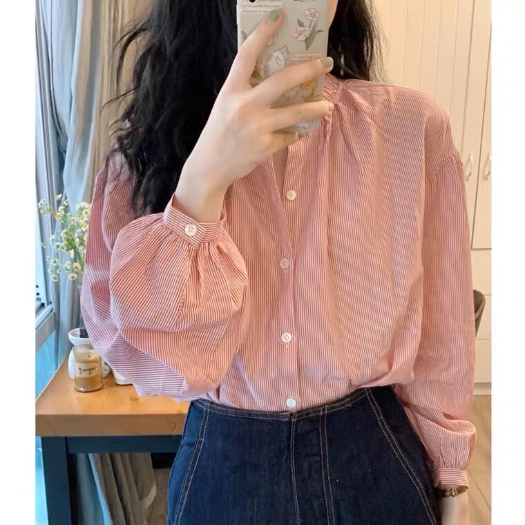 春季法式高级感小清新甜美衬衫新款设计感小众灯笼袖韩系条纹衬衣