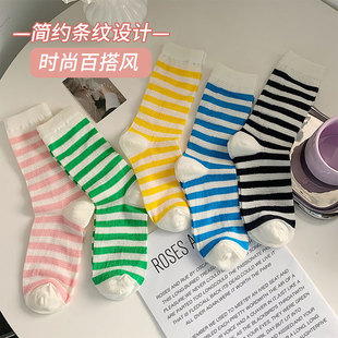 纯棉中筒袜ins风潮袜网眼透气长袜多巴胺 彩色条纹袜子女春夏薄款