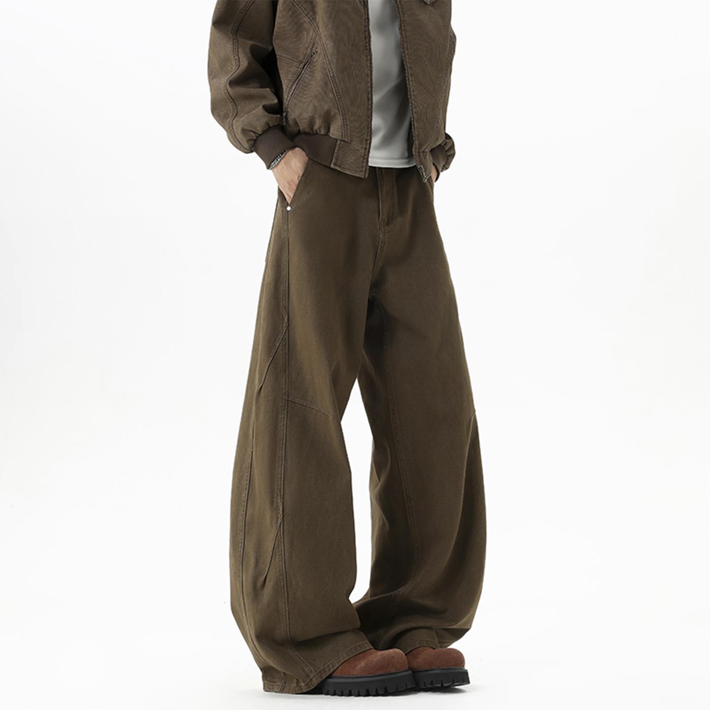 美式棕色斜切弯刀裤男款秋冬季青少年宽松高街痞帅美拉德阔腿裤子