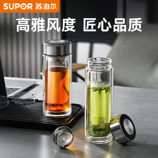 苏泊尔高硼硅玻璃杯双层耐高温泡茶杯男士办公喝茶商务水杯全钢盖