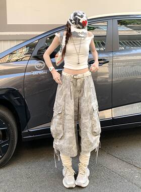 迷彩灰重工七分直筒工装裤女2026夏新款口袋抽绳高腰宽松阔腿中裤