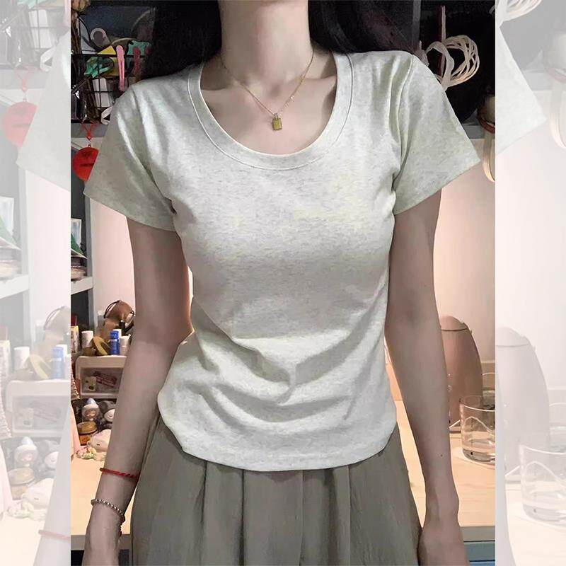 2024夏季新款正肩女t恤短袖修身显瘦U领纯棉设计感小众百搭短上衣