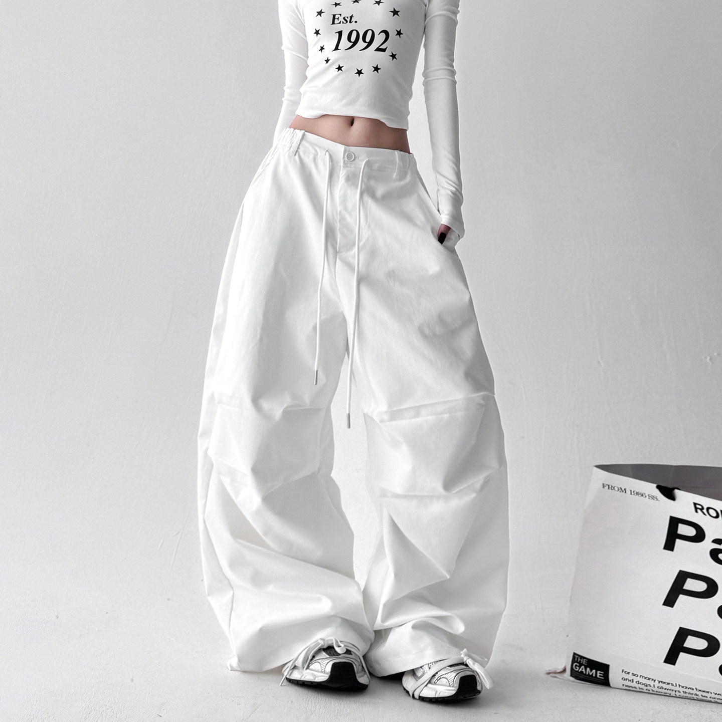 2025早秋新款美式覆古工装裤女秋季宽松显瘦直筒阔腿休闲 白色裤