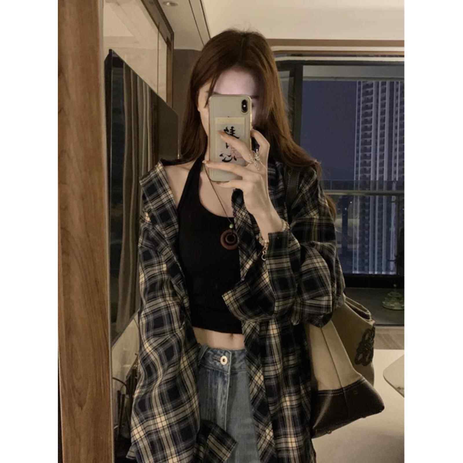 韩国美式宽松格子长袖衬衫女春夏设计感小众中长衬衫防晒气质上衣