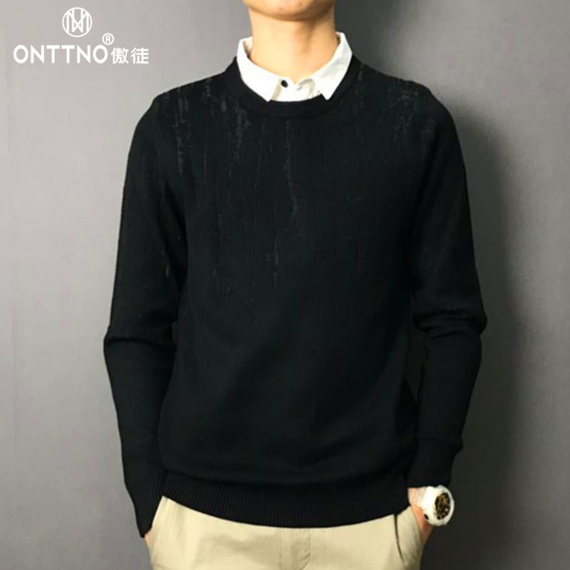 傲徒韩版冬季新款修身衬衫领假两件毛衣男士青年潮流时尚针织衫潮