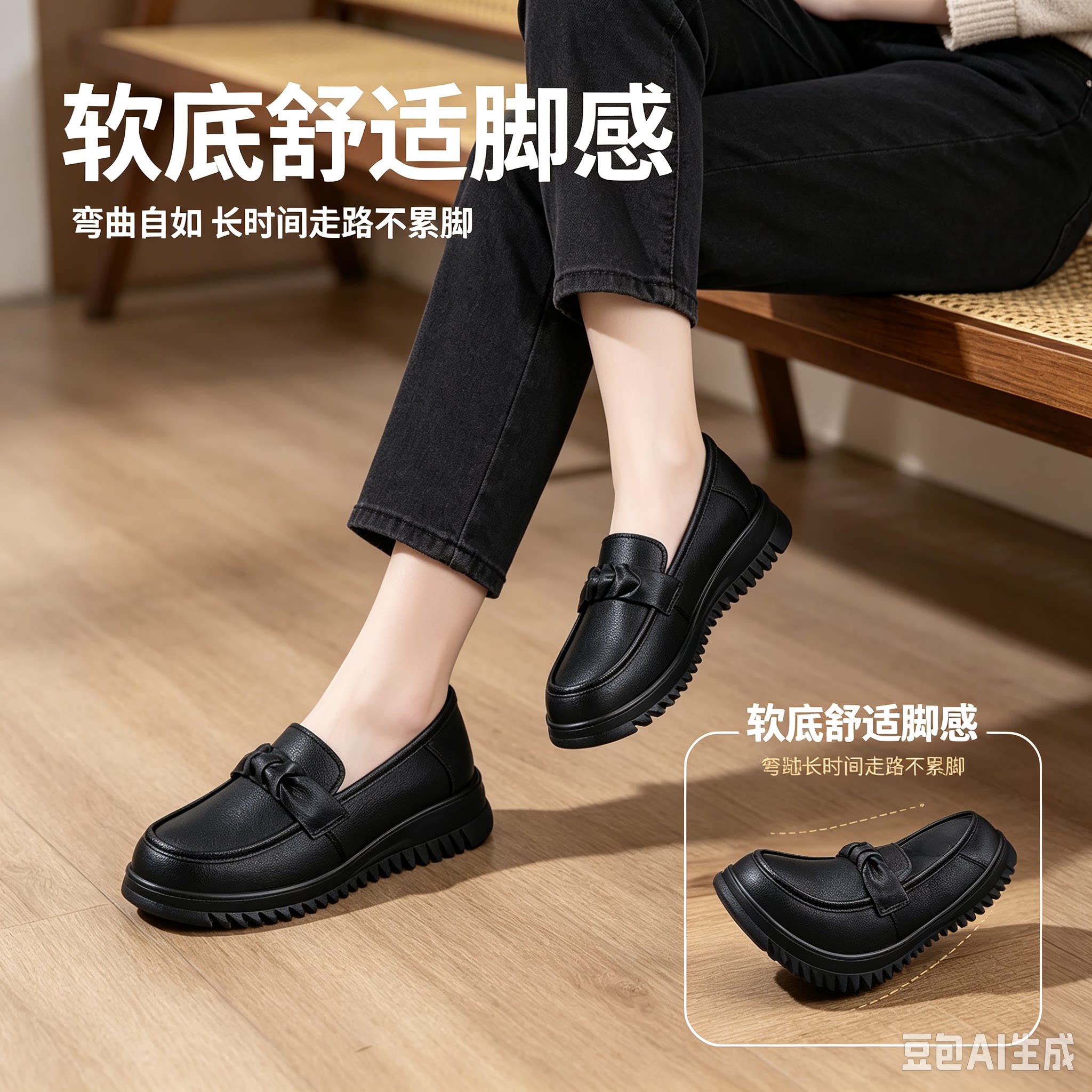 乐福鞋软底舒适黑色皮鞋女蝴蝶结装饰防滑轻便妈妈鞋休闲鞋