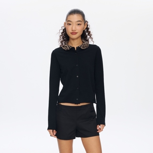 oneup美式复古豹纹娃娃领开衫外套女春季弹力显瘦正肩黑色上衣