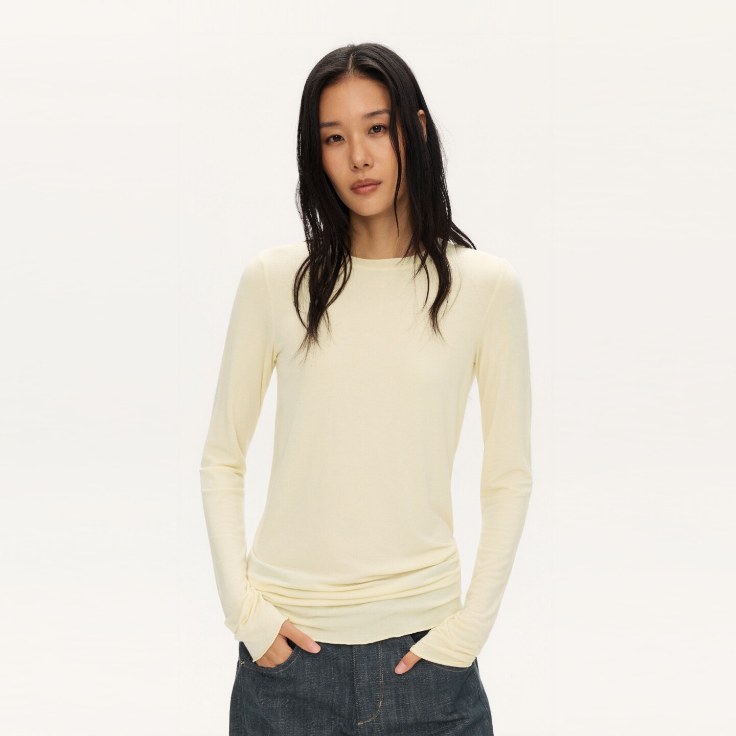 oneup羊绒天丝莫代尔堆叠圆领长袖t恤女秋冬季修身显瘦打底衫上衣